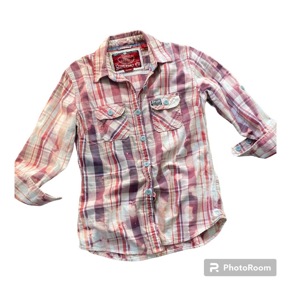 COPY - COPY - Superdry Co. plaid roll sleeve custom bleach dye women’s size lar…